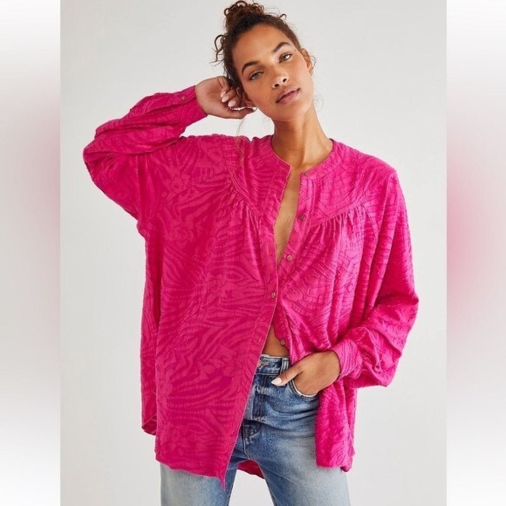 Free People Tunic Women‎ S Hot Pink Can't Stop Dreaming Flowy Button Boho Lounge